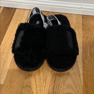 UGG Kids Black Fuzz Slide Sandals